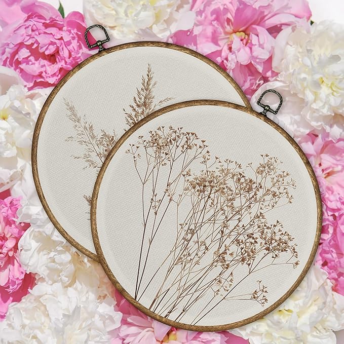 TLESKE Beige Rustic Fall Botanical Round Wall Art Decor Set of 2, Boho Autumn Wildflower Floral Framed Canvas Prints Wall Art Artwork, Neutral Vintage Wall Hanging Decor for Farmhouse Bedroom Living Room 10x10