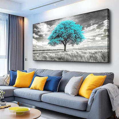 KELIYUAN Blue Tree Wall Artist Decorated Painting Full Of Stars Black And White Oil Painting Modern Print Canvas Aesthetics Living Room Decoration Bedroom Bathroom Office Wall Decoration 24 X 48 In