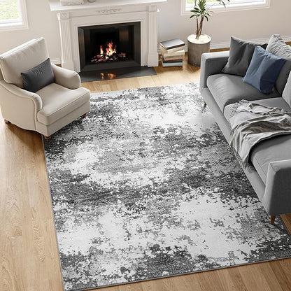 Washable Rug 5x7 Area Rugs for Living Room Bedroom Carpet, Grey Indoor Vintage Abstract Boho Large Rug Non Slip Faux Wool Rugs for Dorm, Dining Room Table, Nursery, Kids Playroom, Gray