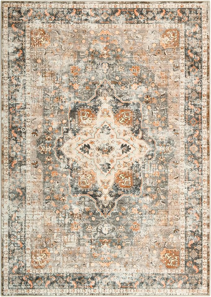 YOH Boho Washable Rug 9x12, Terracotta Vintage Non Slip Area Rug, Distressed Indoor Carpet for Living Room Bedroom Kitchen Office