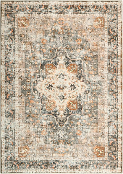 YOH Boho Washable Rug 9x12, Terracotta Vintage Non Slip Area Rug, Distressed Indoor Carpet for Living Room Bedroom Kitchen Office