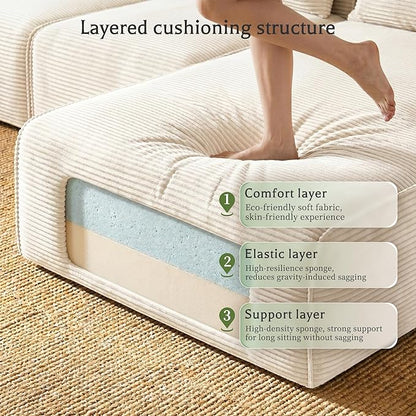 Homkdom L-Shaped Cloud Boneless Couch with Deep Seat, Modular Sectional Sofa with Oversized Chaise, 6 Layouts Combination for Living Room, Apartment, No Assembly (White, Right Chaise)