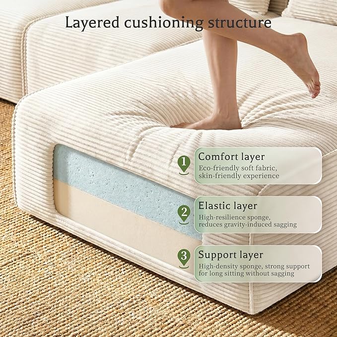 Homkdom L-Shaped Cloud Boneless Couch with Deep Seat, Modular Sectional Sofa with Oversized Chaise, 6 Layouts Combination for Living Room, Apartment, No Assembly (White, Left Chaise)