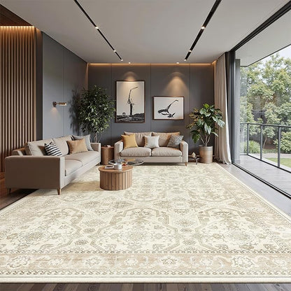 Soalmost 10x14 Area Rugs for Living Room, Non Slip Machine Washable Vintage Rugs, Low Pile Lightweight Large Rug for Bedroom, Dining Room, Home Office Beige/Brown