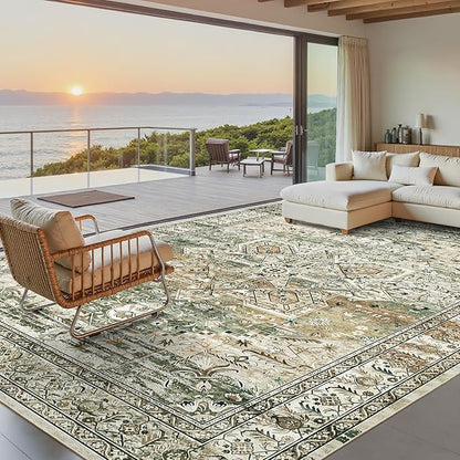 Soalmost Washable Area Rug 8x10, Large Soft Rugs for Living Room Farmhouse Vintage Area Rugs for Bedroom Dining Room Non-Slip Stain Resistant Under Table Rug Olive Beige