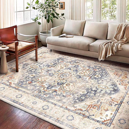 CHAMPLANT Area Rug 6'x9' Blue Khaki Washable Vintage Traditional Floor Cover Thin Retro Kitchen Indoor Distressed Non Slip Carpet Floral for Living Room Bedroom Dining Room