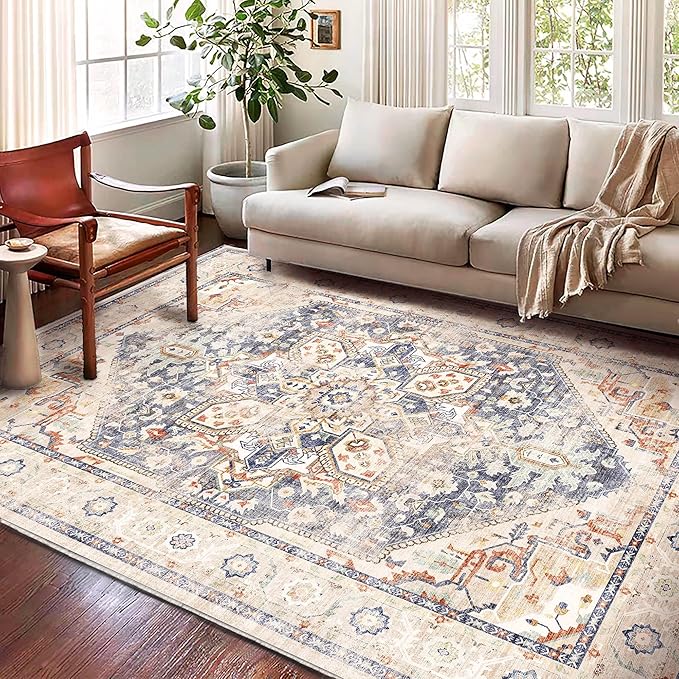 CHAMPLANT Washable Area Rug 9'x12' Blue Khaki Retro Flowers Boho Design Non-Shedding Easy Care Ideal for High Traffic Areas in Living Room Bedroom Office Coffee Table Kitchen Large Carpet