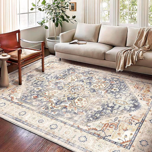 CHAMPLANT Washable Area Rug 9'x12' Blue Khaki Retro Flowers Boho Design Non-Shedding Easy Care Ideal for High Traffic Areas in Living Room Bedroom Office Coffee Table Kitchen Large Carpet