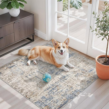 3x3 Square Entryway Rug Washable – Non-Slip Small Area Rug for Kitchen or Bathroom, Soft Low-Pile Indoor Mat, Modern Abstract Thin Door Carpet (Blue Brown)