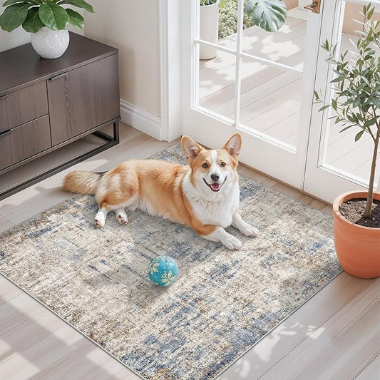 3x3 Square Entryway Rug Washable – Non-Slip Small Area Rug for Kitchen or Bathroom, Soft Low-Pile Indoor Mat, Modern Abstract Thin Door Carpet (Blue Brown)