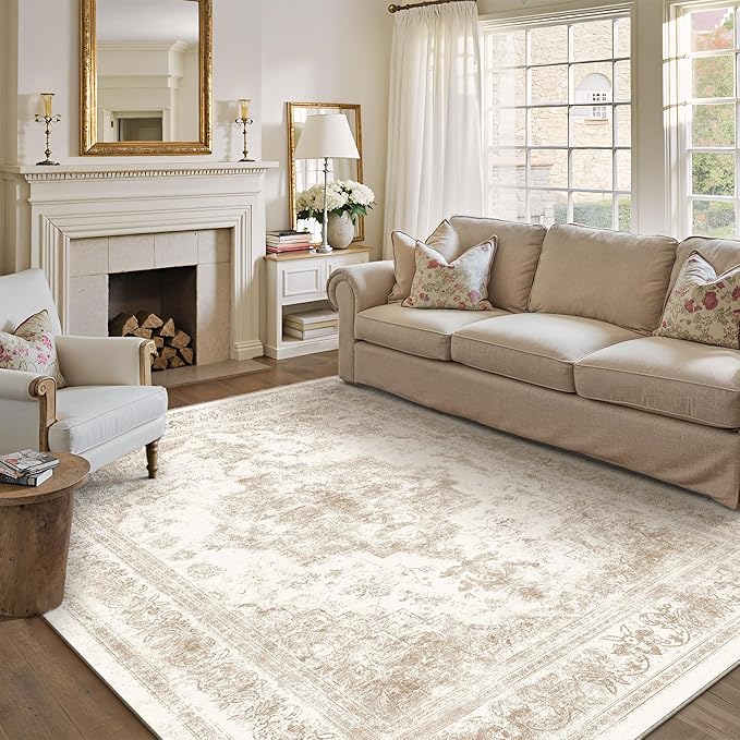 PureCozy Area Rug 8x10 Cream Washable Living Room Beige Carpet Non Slip Vintage Medallion Indoor Bedroom Beige Carpet Low Pile Soft Retro Distressed Large Rug Home Office Dining Room Playroom