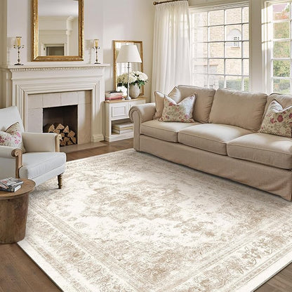 PureCozy Area Rug 8x10 Cream Washable Living Room Beige Carpet Non Slip Vintage Medallion Indoor Bedroom Beige Carpet Low Pile Soft Retro Distressed Large Rug Home Office Dining Room Playroom