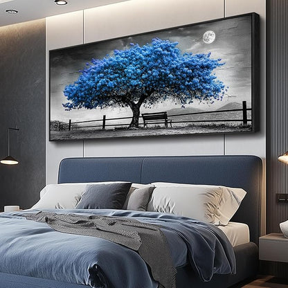 FUHAIHUA Canvas Wall Art For Living Room Large Wall Decor For Office Bedroom Decorations Black And White Landscape Pictures Blue Tree Painting Artwork Room Wall Mural Aesthetic Home Decor 32x72 In