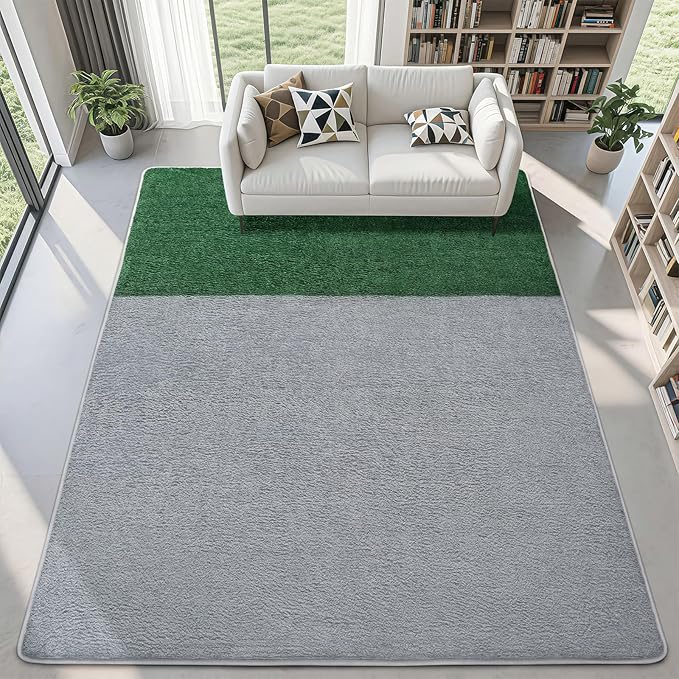 Rugs for Bedroom Living Room, 5x7 ft Light Grey Dark Green Area Rug, Washable Memory Foam Non-Slip Carpet, Modern Minimalist Indoor Carpets for Boys Girls Kitchen Home Decor