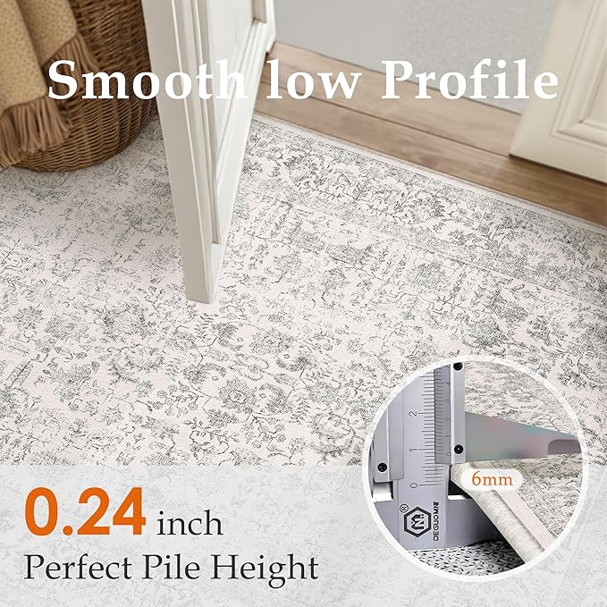 PureCozy Gray Runner Rug 2x8 Hallway Machine Washable Kitchen Vintage Distressed Non Slip Long Carpet Indoor Grey Retro Floral Bedroom Accent Throw Rug for Bathroom Office Laundry Dining Living Room