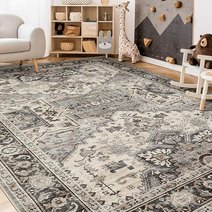 Area Rug for Living Room - 9x12 Soft Machine Washable Oriental Vintage Floral Distressed Large Indoor Floor Carpet for Bedroom Under Dining Table Home Office Decor - Brown