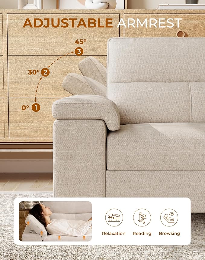 Upvilla 88.97" Modern Couches for Living Room, Deep Seat Sofa with 8” Cushion, Comfy 2-Seater Chenille Loveseat Sofa with Convertible Armrest, Removable Sofa Cover, High Leg (Beige)