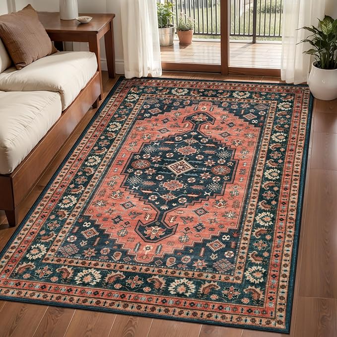Tangsoo Vintage 3x5 Area Rug for Bedroom Entryway,Oriental Washable Soft Low Pile Indoor Rugs,Boho Non-Slip Carpet for Living Room Bedside Entry Red Blue