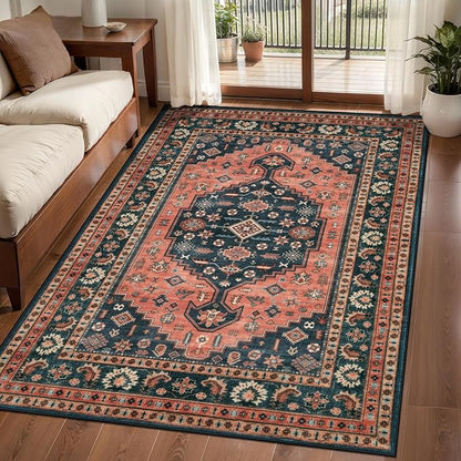 Tangsoo Vintage 3x5 Area Rug for Bedroom Entryway,Oriental Washable Soft Low Pile Indoor Rugs,Boho Non-Slip Carpet for Living Room Bedside Entry Red Blue