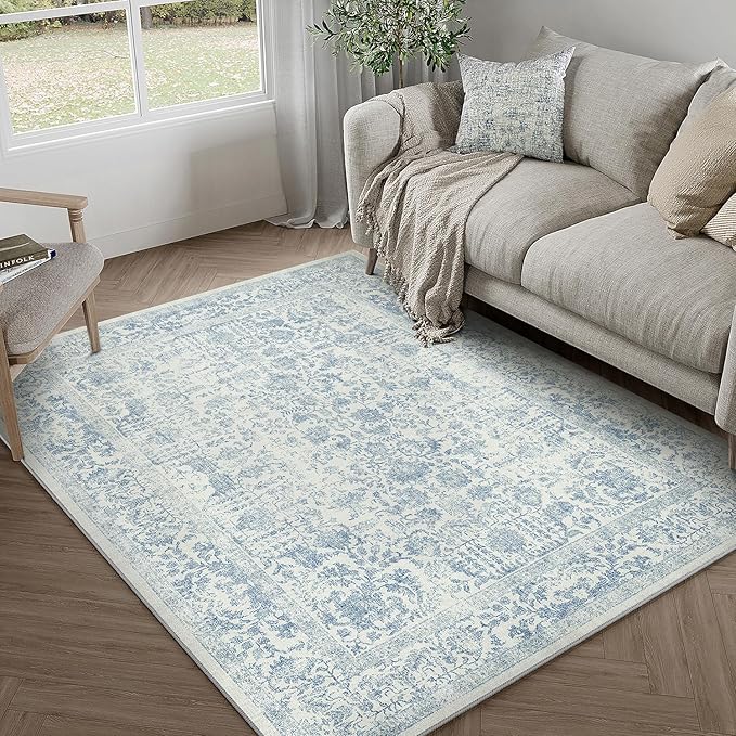 PureCozy Blue Area Rug 3x4 Office Entryway Rug Machine Washable Kitchen Vintage Distressed Non Slip Carpet Indoor Retro Floral Accent Throw Door Mat for Bathroom Bedroom Dining Living Room