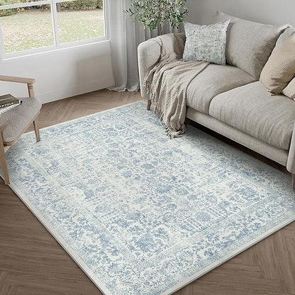 PureCozy Blue Area Rug 3x4 Office Entryway Rug Machine Washable Kitchen Vintage Distressed Non Slip Carpet Indoor Retro Floral Accent Throw Door Mat for Bathroom Bedroom Dining Living Room