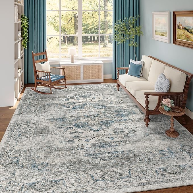 6x9 Area Rugs for Living Room, Machine Washable Non Slip Vintage Rug, Non-Slip Stain Resistant, Large Soft Home Decor Rug for Bedroom Dining Room (Blue/Grey,6'x9')