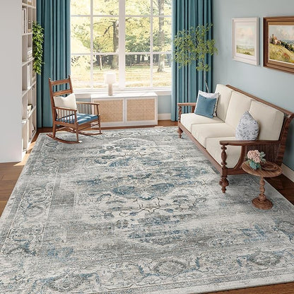 6x9 Area Rugs for Living Room, Machine Washable Non Slip Vintage Rug, Non-Slip Stain Resistant, Large Soft Home Decor Rug for Bedroom Dining Room (Blue/Grey,6'x9')