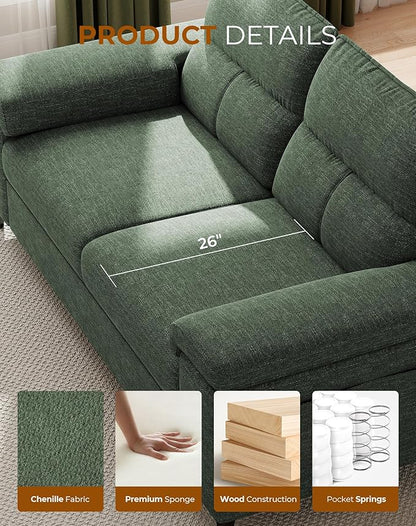 Upvilla 88.97" Modern Sofa Couch for Living Room, Deep Seat Sofas with 8”Cushion, Comfy 2-Seater Chenille Loveseat with Convertible Armrest, Removable Sofa Cover, High Leg (Green)