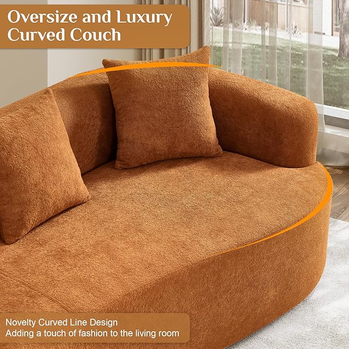 Oversized Sectional Sofa for Living Room, Modern Luxury Plush Chenille 4-Seater Extra Deep & Wide Seat Curved Cloud Couch with 4 Throw Pillows, No Assembly Needed, Sienna Orange