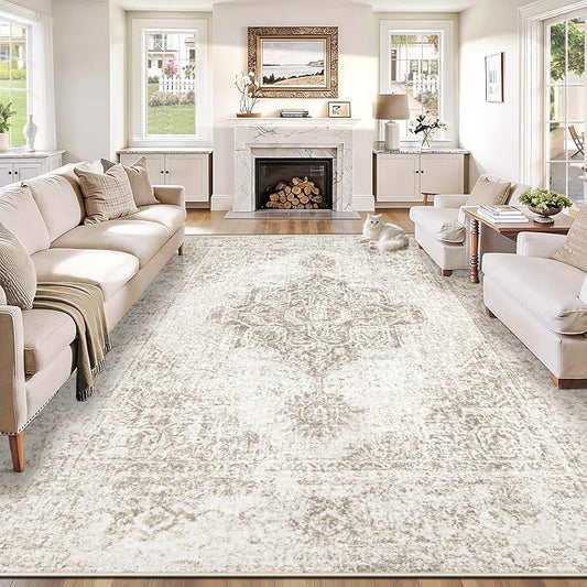 9x12 Area Rugs for Living Room, Washable Vintage Boho Medallion Rug Non Slip Low Pile Floor Carpet for Bedroom Dining Room Home Office (Beige, 9'x12')