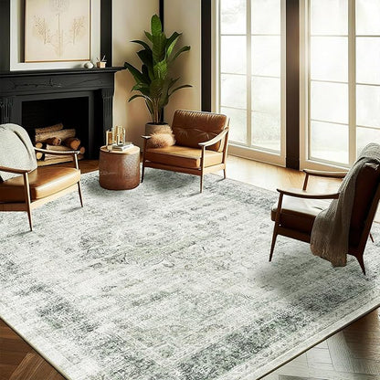 CHAMPLANT Washable Area Rug 8'x10' Floral Green Retro Boho Design Non-Shedding Non-Slip Easy Care Ideal for High Traffic Areas in Living Room Bedroom Office Coffee Table Kitchen Large Carpet