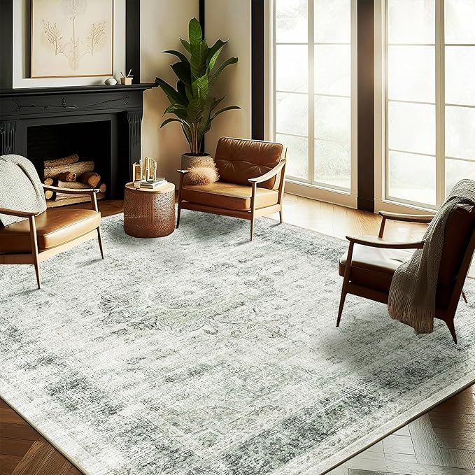 CHAMPLANT Washable Area Rug 9'x12' Retro Floral Green Boho Design Non-Shedding Easy Care Ideal for High Traffic Areas in Living Room Bedroom Office Coffee Table Kitchen Large Carpet