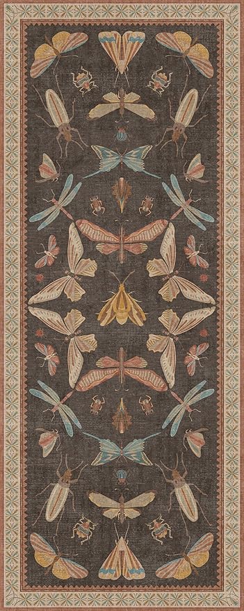 Brown 2x5 Entryway Runner Rug, Washable Non Slip Carpet for Kitchen Floor & Hallway, Vintage Boho Insect Design with Butterfly Moth Print