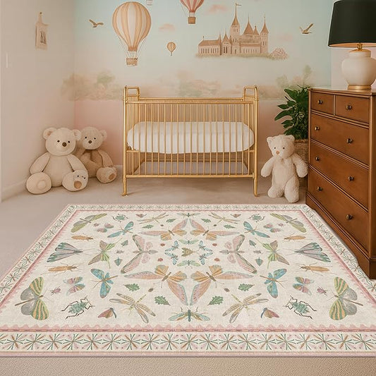 3x5 Flower Area Rug for Girls Bedroom - Washable Light Pink Large Entryway Rug for Laundry Room, Kitchen, Bedroom, Dorm, Insect Print Vintage Floral Non-Slip Throw Rug Low Pile Stain Resistance
