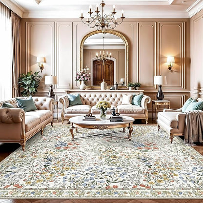 10x10 Square Area Rug Living Room: Boho Floral Washable Mat for Dining Room Bedroom Office High Traffic Area Soft Non Slip Low Pile Indoor Carpet for Vintage Farmhouse Home Decor (10ft Square, Beige)