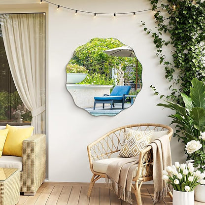 CILIBER Frameless Wavy Round Mirror, 28'' Scalloped Circle Wall Mirror, 3mm Tempered Glass Decorative Bathroom Vanity Mirror, Mounting/Leaning for Mantel, Living Room, Bedroom and Entryway