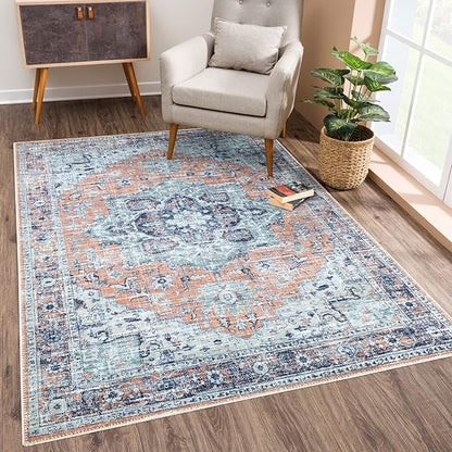 Bloom Rugs Washable Non-Slip 4' x 6' Rug - Peach/Blue Traditional Area Rug for Living Room, Bedroom, Dining Room, and Kitchen - Exact Size: 4' x 6'