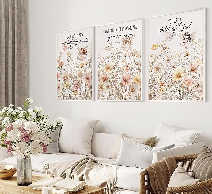 3Pcs Christian Nursery Wall Art Wildflower Bible Verse Canvas Painting Vintage Flower Scripture Pictures Wall Decor Butterfly Girl Floral Posters Prints for Girls Baby Room Living Bedroom Unframed
