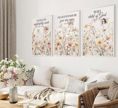 3Pcs Christian Nursery Wall Art Wildflower Bible Verse Canvas Painting Vintage Flower Scripture Pictures Wall Decor Butterfly Girl Floral Posters Prints for Girls Baby Room Living Bedroom Unframed