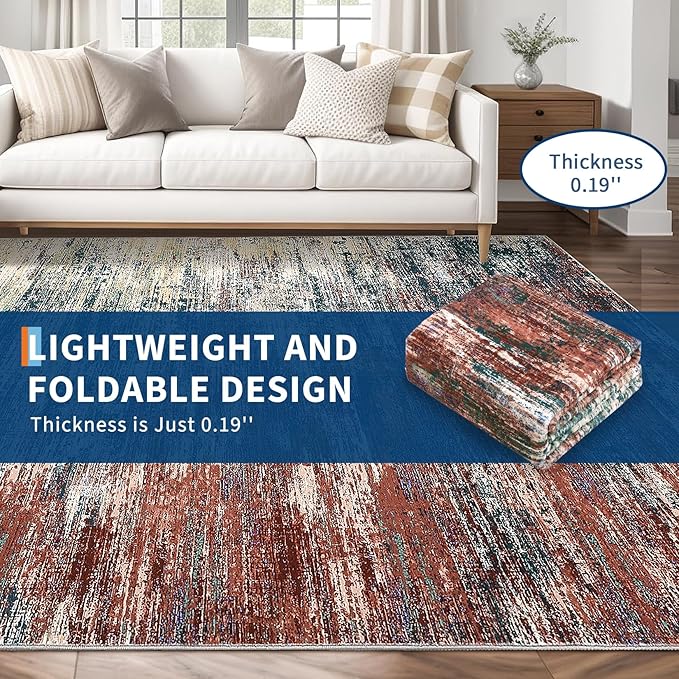ROYHOME Modern Abstract Living Room Rug 10x13, Machine Washable Large Carpet, Non Slip Low Pile Throw Rug, Ultra Soft Indoor Floor Carpet for Bedroom Dining Room Table Home Decor, Red/Multi