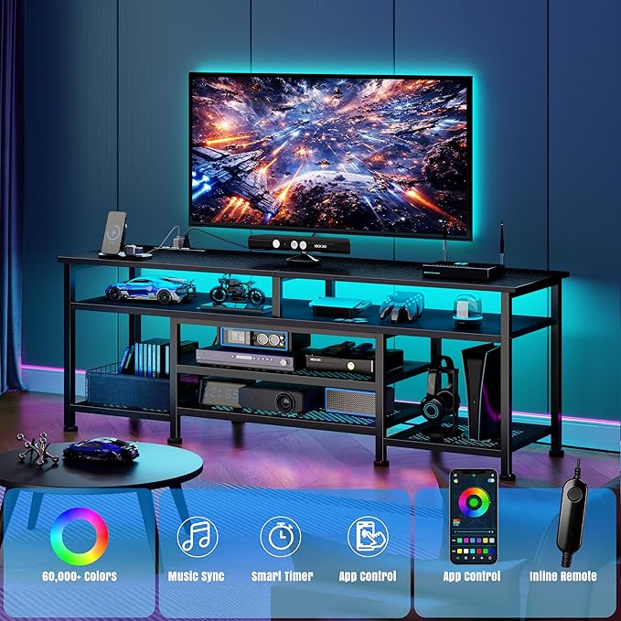 Korfile TV Stand for 60/65/70 inch TV, 63 in Gaming Entertainment Center with LED Lights and Power Outlets, TV Console Table with Open Shelves for Living Room and Bedroom, Black