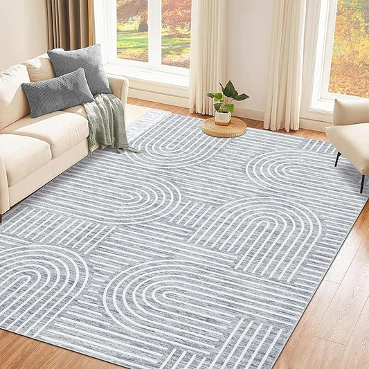 ROYHOME Washable Rug 3x5 Area Rugs for Living Room, Abstract Rug for Bedroom, Soft Rainbow Non Slip Throw Rugs with Rubber Back, Low Pile Stain Resistant Boho Geometric Carpet for Dining Room, Ash