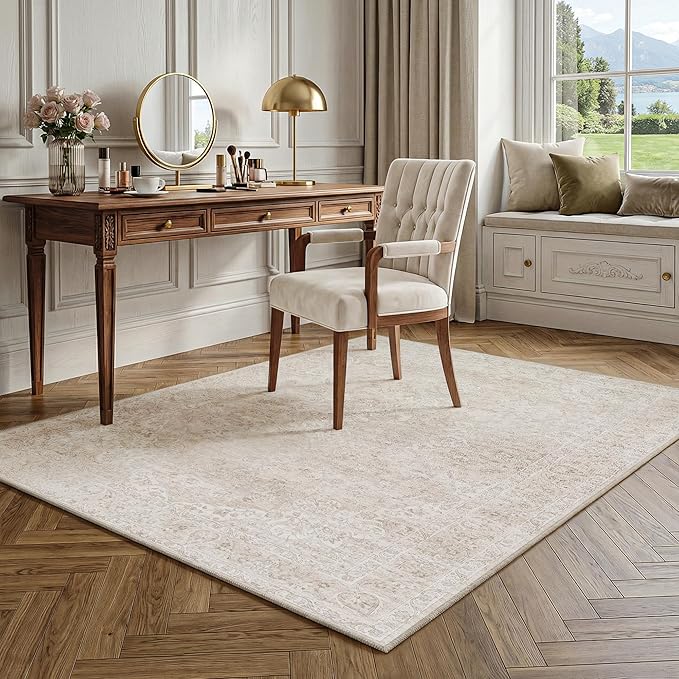 FMFUNCTEX 4x6 Washable Area Rug Beige Vintage Neutral Distressed Non Slip Low Pile Floral Retro Indoor Carpet for Entryway Entrance Thin Soft Rug Living Room Bedroom Kitchen Office Desk Laundry