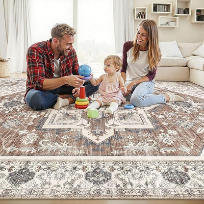 Area Rug 5x7 for Living Room - Washable Oriental Vintage Floral Distressed Large Indoor Carpets with Non Slip Back for Bedroom Dining Room Nursery Office Home Decor -Terracotta/Brown