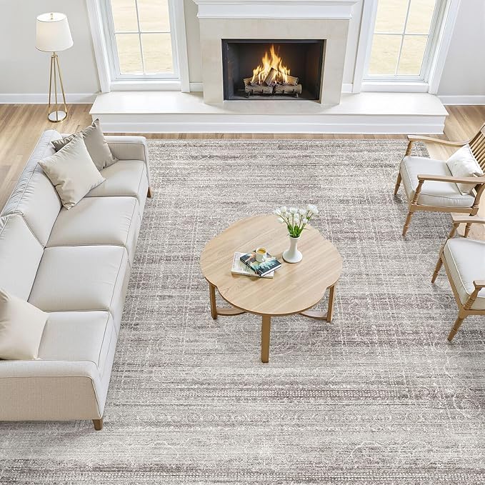 9x12 Area Rug Living Room: Washable Large Neutral Soft Rug Farmhouse Stain Resistant Indoor Non-Slip Floor Carpet for Bedroom Nursery Kids Playroom Office Dining Room Dorm- Gray Brown