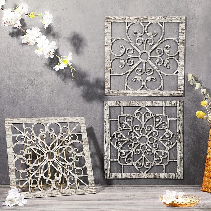 Yulejo 4 Pieces Thicken Rustic Wall Decor Farmhouse Wall Art Decor Wooden Hollow Carved Design Rustic Hanging Decoration for Living Room Bedroom Hallway Office Kitchen Decoration