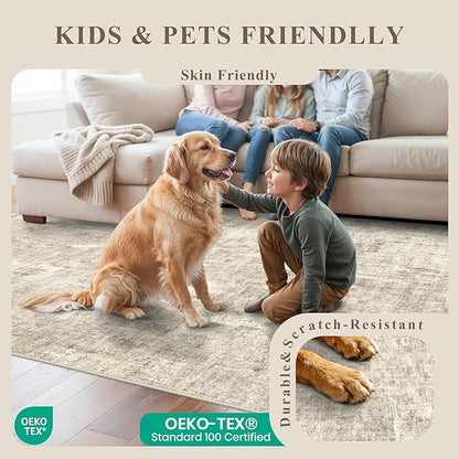12x12ft Square Living Room Rug – Non-Slip Washable Extra Large Floor Carpet for Bedroom, Dining Room, Playroom Room – Modern Abstract Neutral Thin Low-Pile Big Indoor Rug (Warm Beige)