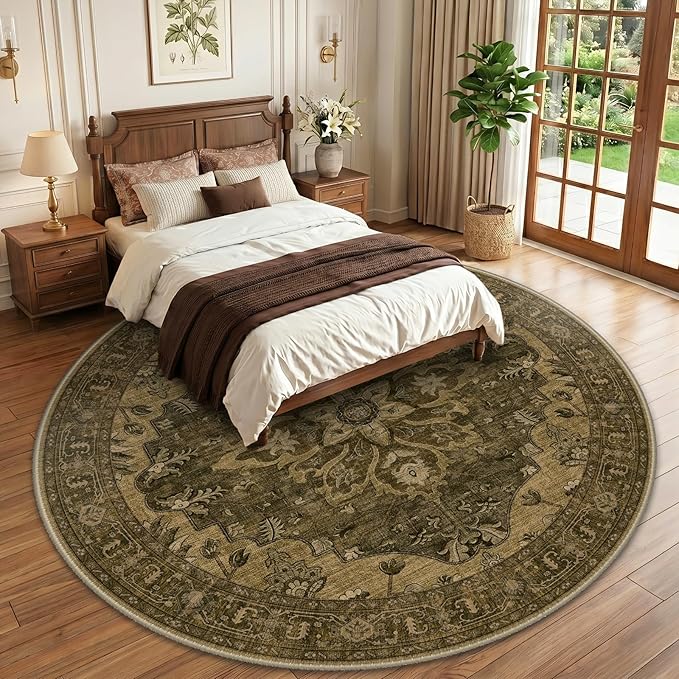 RELEANY Area Rugs Round 10ft Washable Non-Slip, Floral Vintage Distress Print Pattern Medallion Carpet for Living Room Bedroom Dining Room, Brown Dark Brown