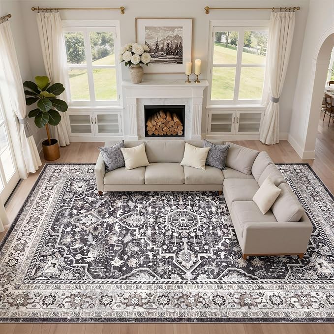 Black Rug Living Room Rugs: 12x15 Washable Boho Large Vintage Moody Soft Distressed Oriental Stain Resistant Non-Slip Indoor Floor Carpet for Bedroom Playroom Office Dining Room Retro Home House