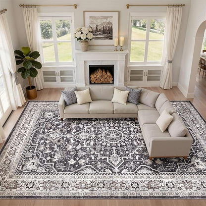 Black Rug Living Room Rugs: 10x12 Washable Boho Large Vintage Moody Soft Distressed Oriental Stain Resistant Non-Slip Indoor Floor Carpet for Bedroom Playroom Office Dining Room Retro Home House